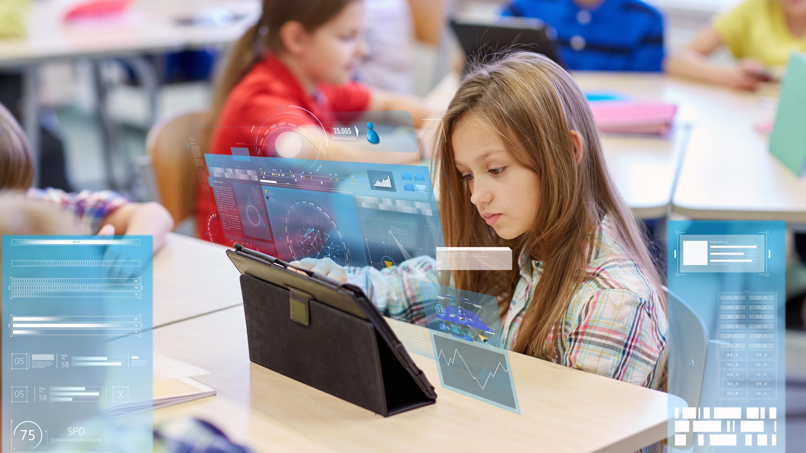 education-elementary-school-learning-technology-people-concept-little-schoolgirl-with-tablet-pc-computer-break-classroom-virtual-screens-projections